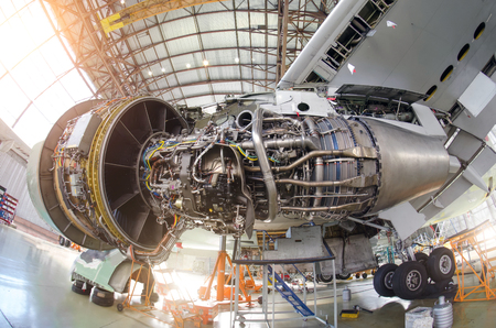 Engine aircraft without a hood, for repair, inspection.の写真素材
