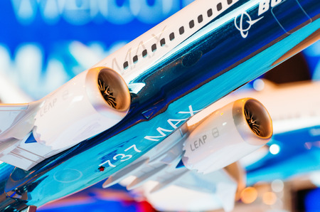 Exhibition models boeing aircraft 737 max. Russia, Moscow. July 2017のeditorial素材