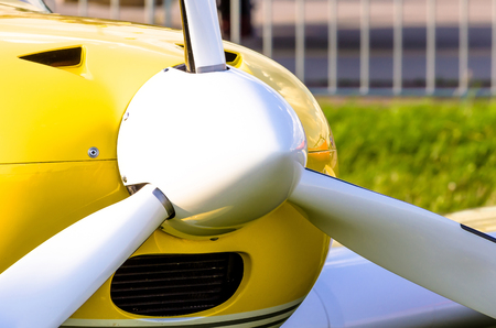White airplane in a propeller close upの写真素材