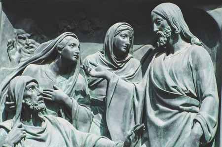 The Last Supper, Jesus the statue of a fresco painting on a stoneの写真素材