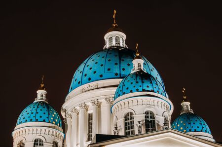 Night view domes with stars of the Troitsky Cathedral in Saint-Petersburg.の写真素材