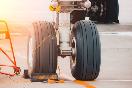 Front landing gear of big passenger aircraft closeup high detailed viewの写真素材