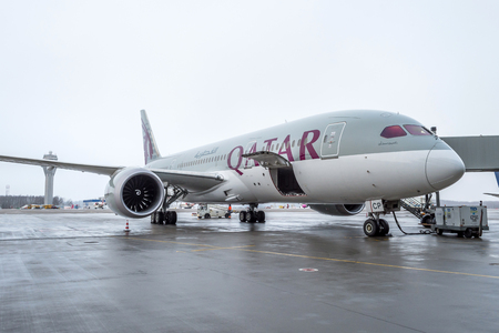 Boeing 787 qatar airways airlines, airport Pulkovo, Russia Saint-Petersburg December 19, 2017のeditorial素材