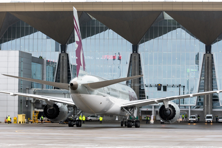 Boeing 787 qatar airways airlines, airport Pulkovo, Russia Saint-Petersburg December 19, 2017のeditorial素材
