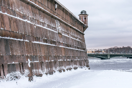 Wall on the Hare Island of the Peter and Paul Fortress in winterの写真素材