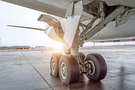 Wheels rubber tire rear landing gear racks, under wing viewの写真素材