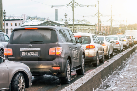 Cars on the road snow frosty winter day. Russia. Saint-Petersburg. December 22, 2017のeditorial素材