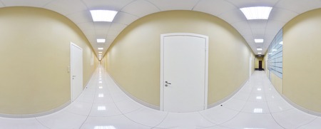 Spherical 360 degrees panorama projection, panorama in interior empty long corridor with doors and entrances to different roomsの写真素材
