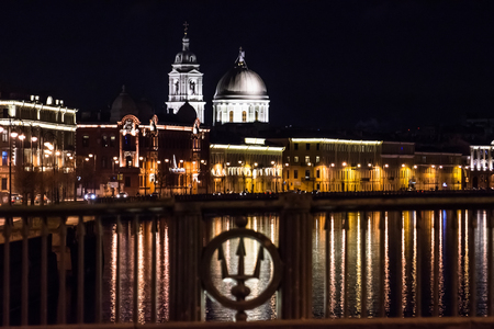The Church of St. Catherine the Great Martyr at night from the Stock Exchange Bridgeの写真素材