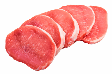 Five pieces of pork meat isolated on white backgroundの写真素材