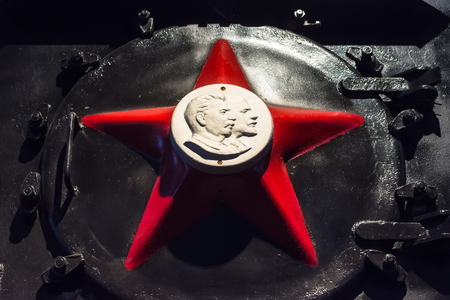 Red star symbol of the USSR with a profile of faces of Lenin and Stalin. Russia. Saint-Petersburg. Museum Railways of Russia December 21, 2017のeditorial素材