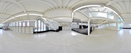 Spherical 360 degrees panorama projection, panorama in interior empty corridor room in light colors with stairs and metal structures with designer windows and lighting. Russia, Moscow, July 03, 2017のeditorial素材