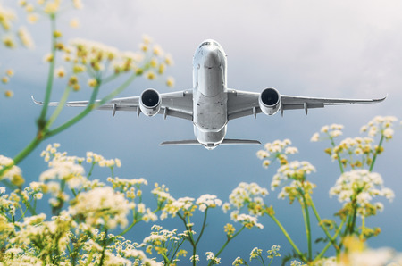 Passenger commercial airplane flies over flower fields at the airportの写真素材