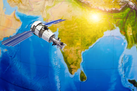 Satellite tracking communications in space over India, Hindustanの写真素材