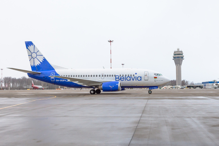 Boeing 737 Belavia airlines, airport Pulkovo, Russia Saint-Petersburg. December 19 2017のeditorial素材