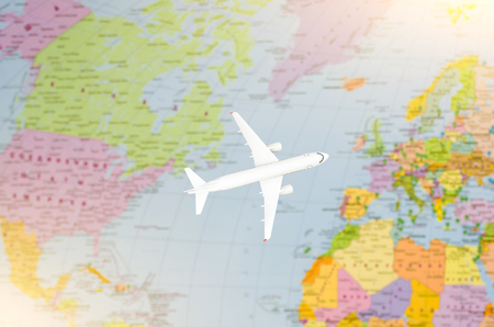 Flight to Europe symbolic image of travel by plane map.の写真素材