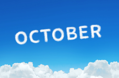 Word October made of clouds steam on blue sky background. Month planning, timetable conceptの写真素材