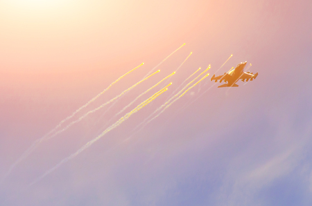 Aircraft fighter jets smoke the background of sky cloudsの写真素材