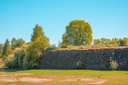 Forest and cliff, decorated with smooth stones of rock with cobblestones, wall, below plain meadowの写真素材