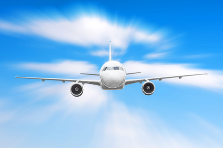 Airplane in the sky above the clouds flight journey sun height speed motion blurの写真素材