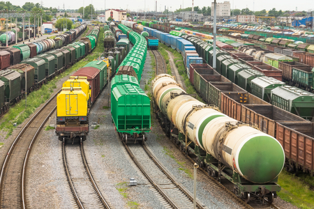 Sorting freight railway station in the city wagons for trains with different cargoの写真素材