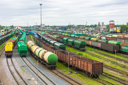 Sorting freight railway station in the city wagons for trains with different cargoの写真素材