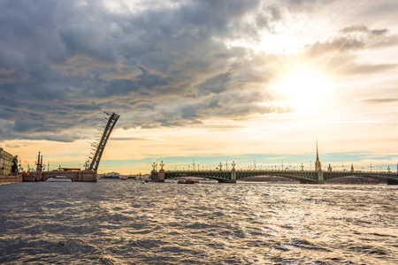 Troitsky bridge in day time over the Neva River in Saint-Petersburgの写真素材