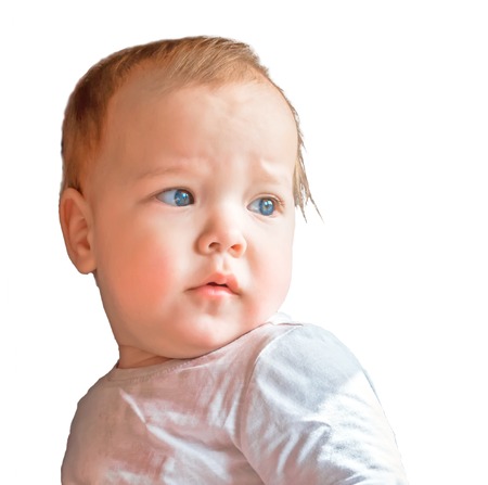Thoughtful look of a small child looking, isolated on white backgroundの写真素材