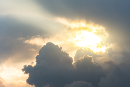 Passenger aircraft cloudscape with white airplane is flying in the daytime sky overcast, panorama viewの写真素材