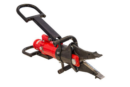Forcible entry tools hydraulic power cutter and spreader isolated on white backgroundの写真素材