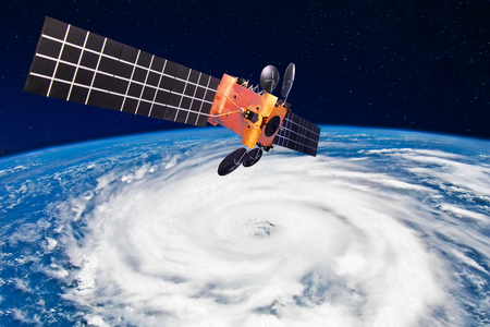 Hurricane, typhoon over planet Earth - satellite above the Earth makes measurements of the weather parameters.の写真素材