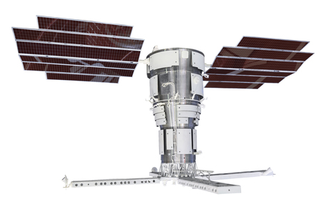 Satellite with solar panels, isolated on white backgroundの写真素材