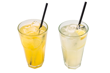 Lemonade two kinds with ice cubes and sliced lemon isolated on white backgroundの写真素材