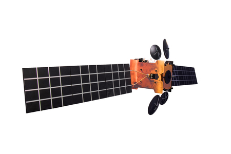 Satellite with long solar panels, isolated on white backgroundの写真素材