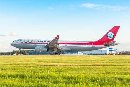 Airbus a330 Sichuan airlines, airport Pulkovo, Russia Saint-Petersburg. August 15 2018のeditorial素材