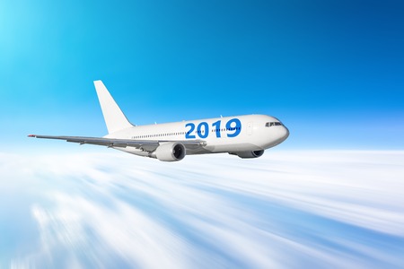 Airplane with the number 2019. The concept of the rapidly approaching future new yearの写真素材