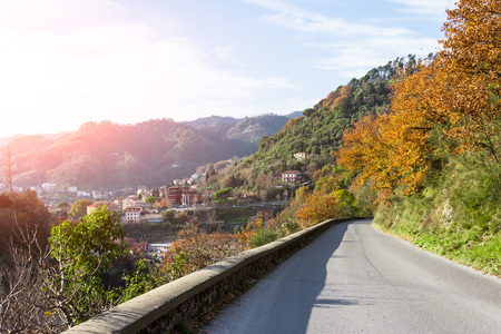 Turn on a narrow asphalt road in the mountainsの写真素材