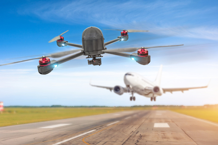 Drone Unmanned Aircraft System UAV in the air too close to passenger airplane. Quadcopter in selective focus. Concept flight danger disruptionの写真素材