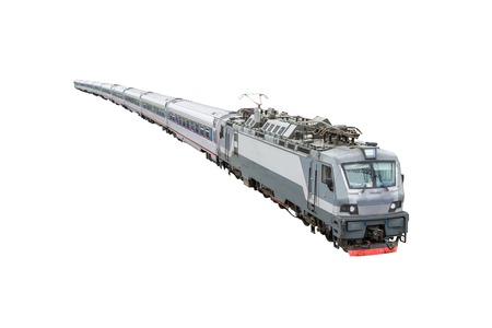 Passenger train composition with electro locomotive isolated on white backgroundの写真素材