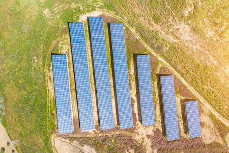 Aerial view green rural landscape and solar photovoltaic panel