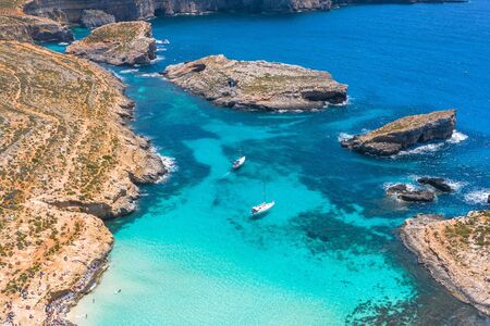 Aerial view from the height of the heavenly Lagoon on the island of Comino Maltaの写真素材