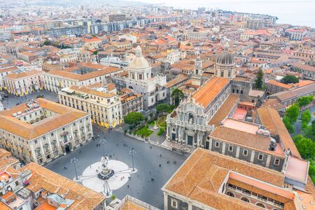 Piazza Duomo or Cathedral Square with Cathedral of Santa Agatha, aerial top view city Catania Italyの写真素材