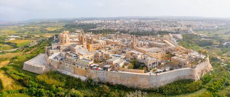 Panorama of the town of Mdina fortress aerial top view in Maltaの写真素材
