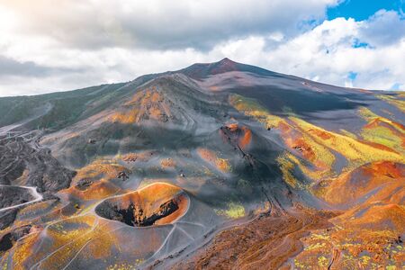 View of the active volcano Etna, extinct craters on the slope, traces of volcanic activityの写真素材