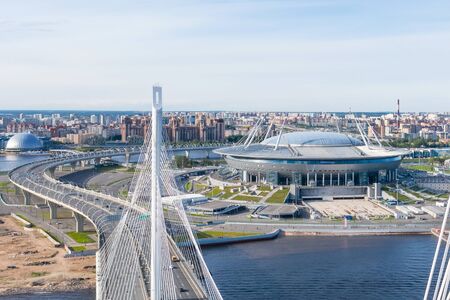 Aerial view of the stadium Gazprom Arena and high-speed bridge. Russia, Saint-Petersburg, 01 July 2019のeditorial素材