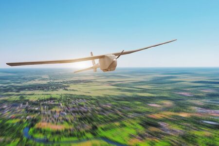 Unmanned military screw drone on patrol air at terrain