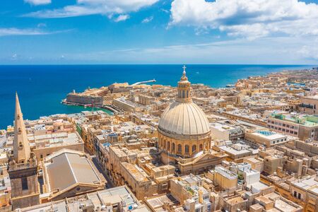 Aerial view of Lady of Mount Carmel church, St.Paul's Cathedral in Valletta city, Maltaの写真素材