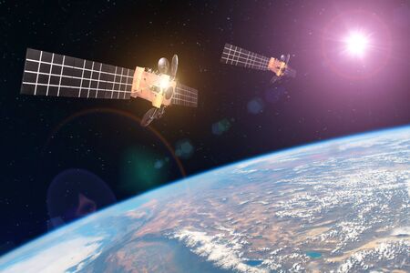 Group space satellite orbiting the earth and bright lights sun reflected from solar panels. Elements...