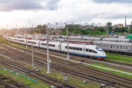 Railroad travel passenger train, industrial a district of the city