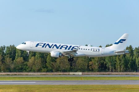 Embraer 190 Finnair airlines Airport Pulkovo, Russia Saint-Petersburg. 06 August 2019のeditorial素材